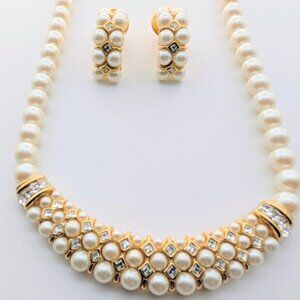 OSCAR DE LA RENTA Signed Pearl & Crystal Runway Necklace & Earring Set